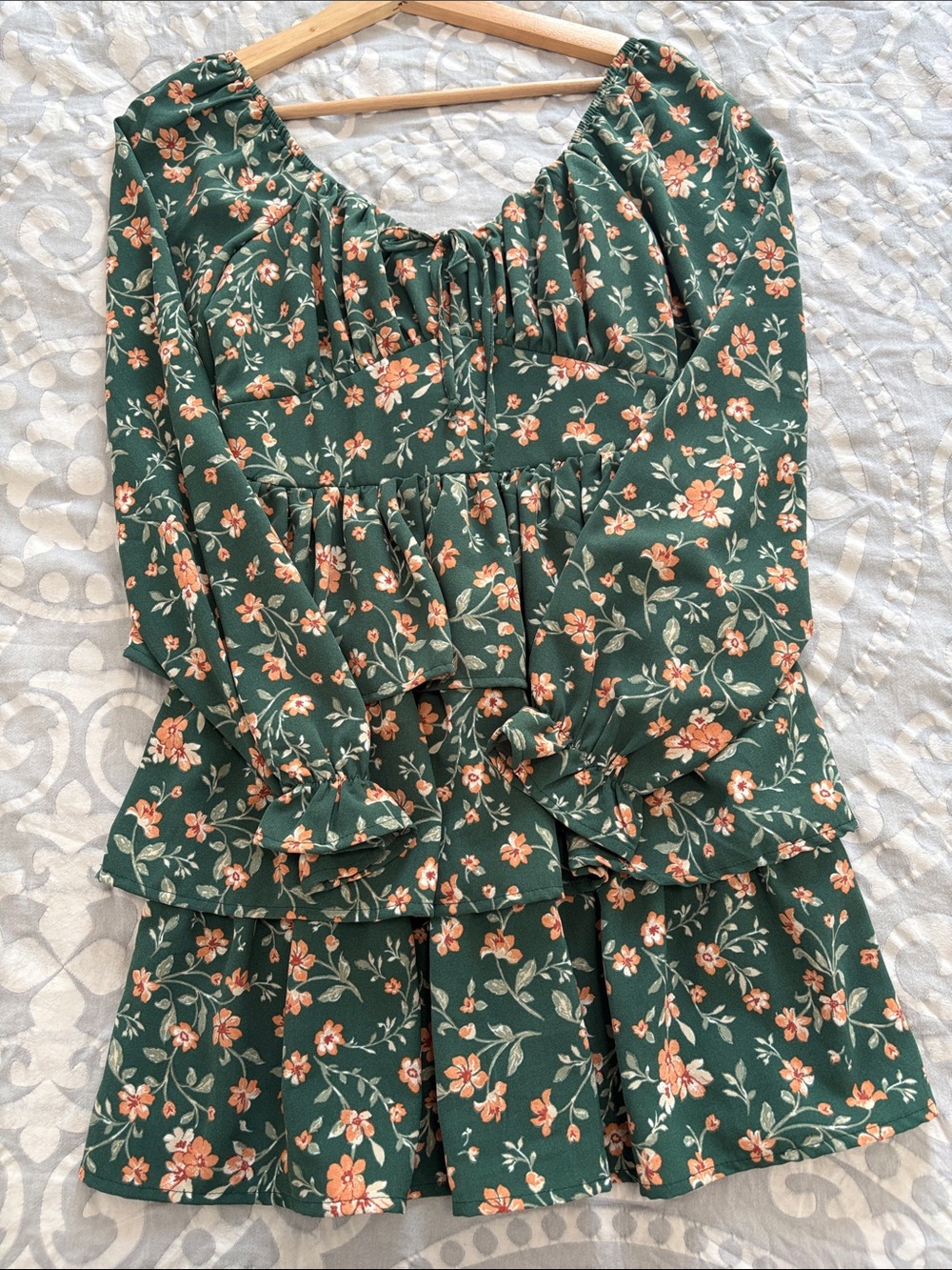 Floral Tiered Green Peasant Dress